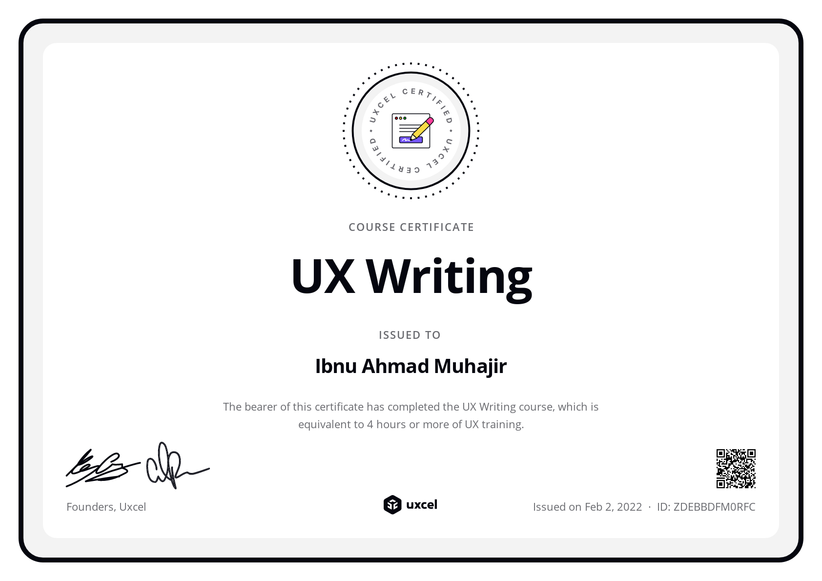 Ibnu Ahmad Muhajir's certificate